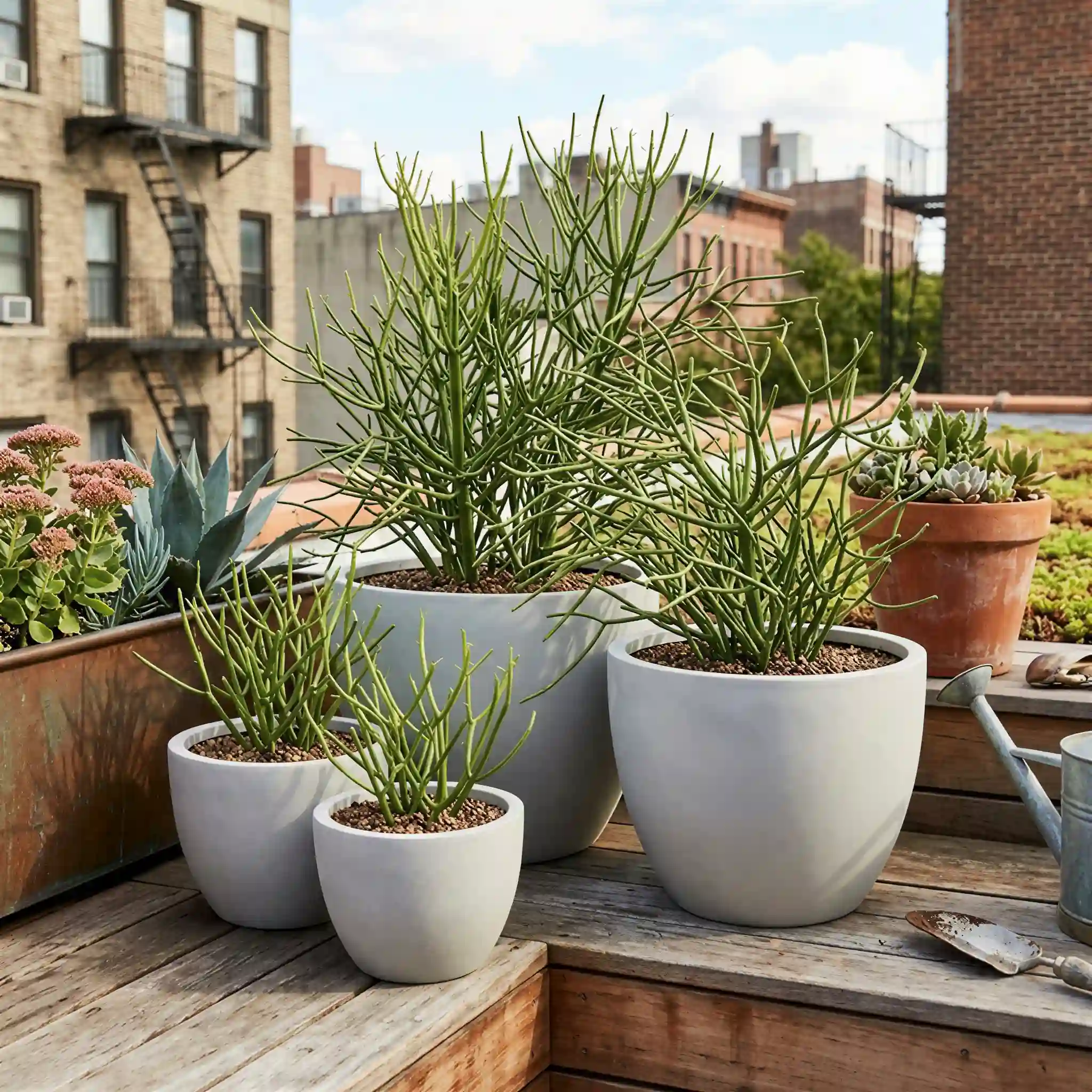 RC-1004 rounded GFRC planter set arranged with mixed planting on an urban rooftop garden